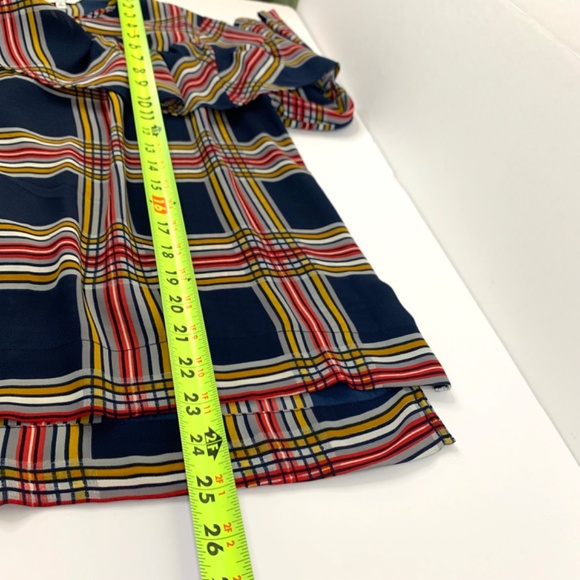 Holiday Christmas party preppy Red Blue yellow ruffled plaid lightweight blouse - Picture 9 of 9